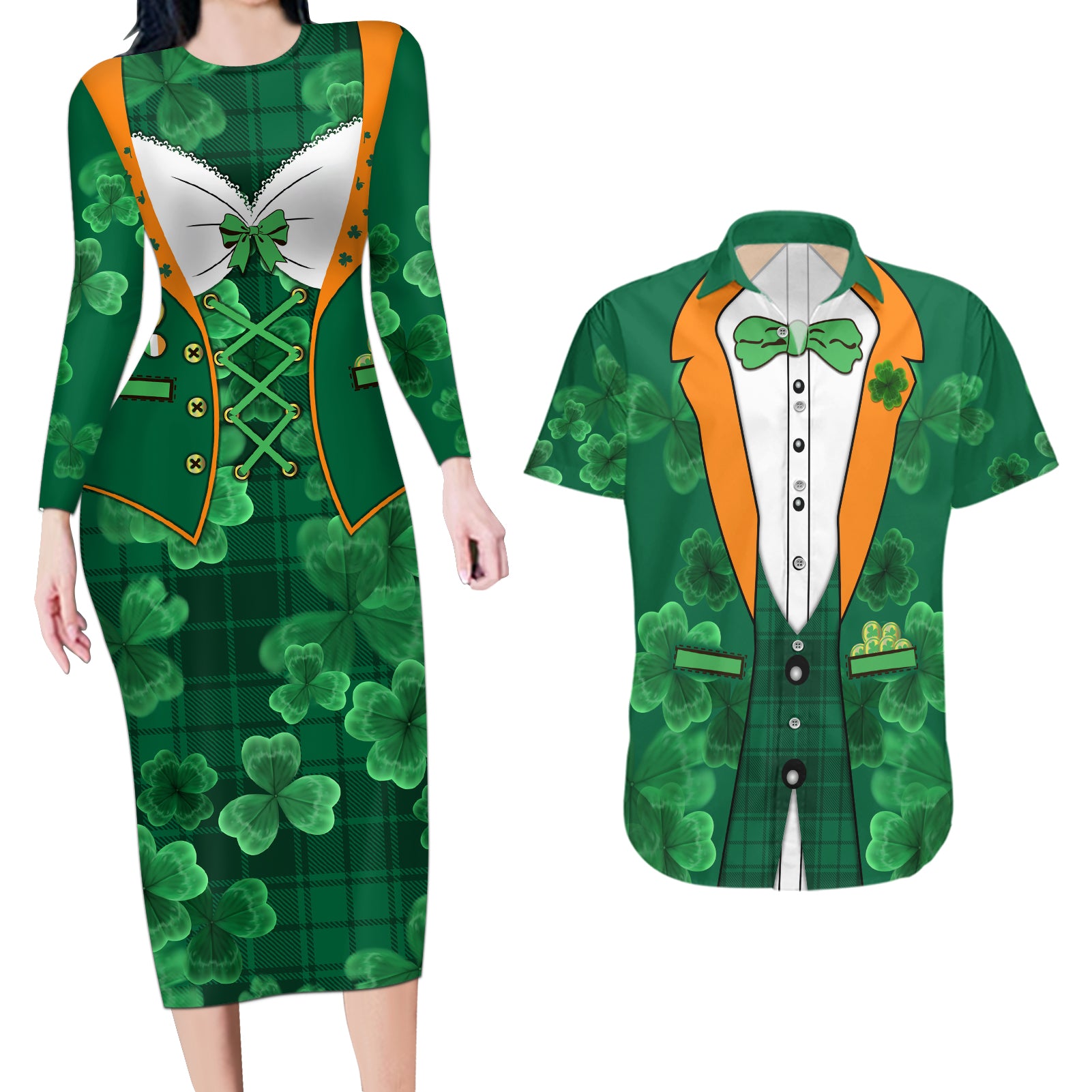 Happy St Patricks Day We Wear Green Suit Couples Matching Long Sleeve Bodycon Dress and Hawaiian Shirt LT9 - Wonder Print Shop