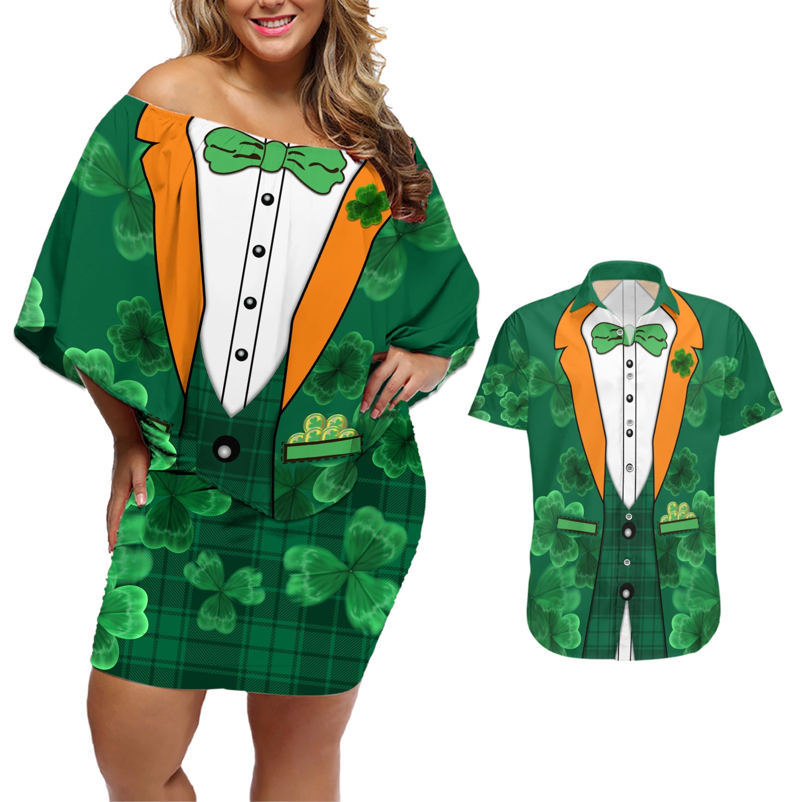 Happy St Patricks Day We Wear Green Suit Couples Matching Off Shoulder Short Dress and Hawaiian Shirt LT9 - Wonder Print Shop