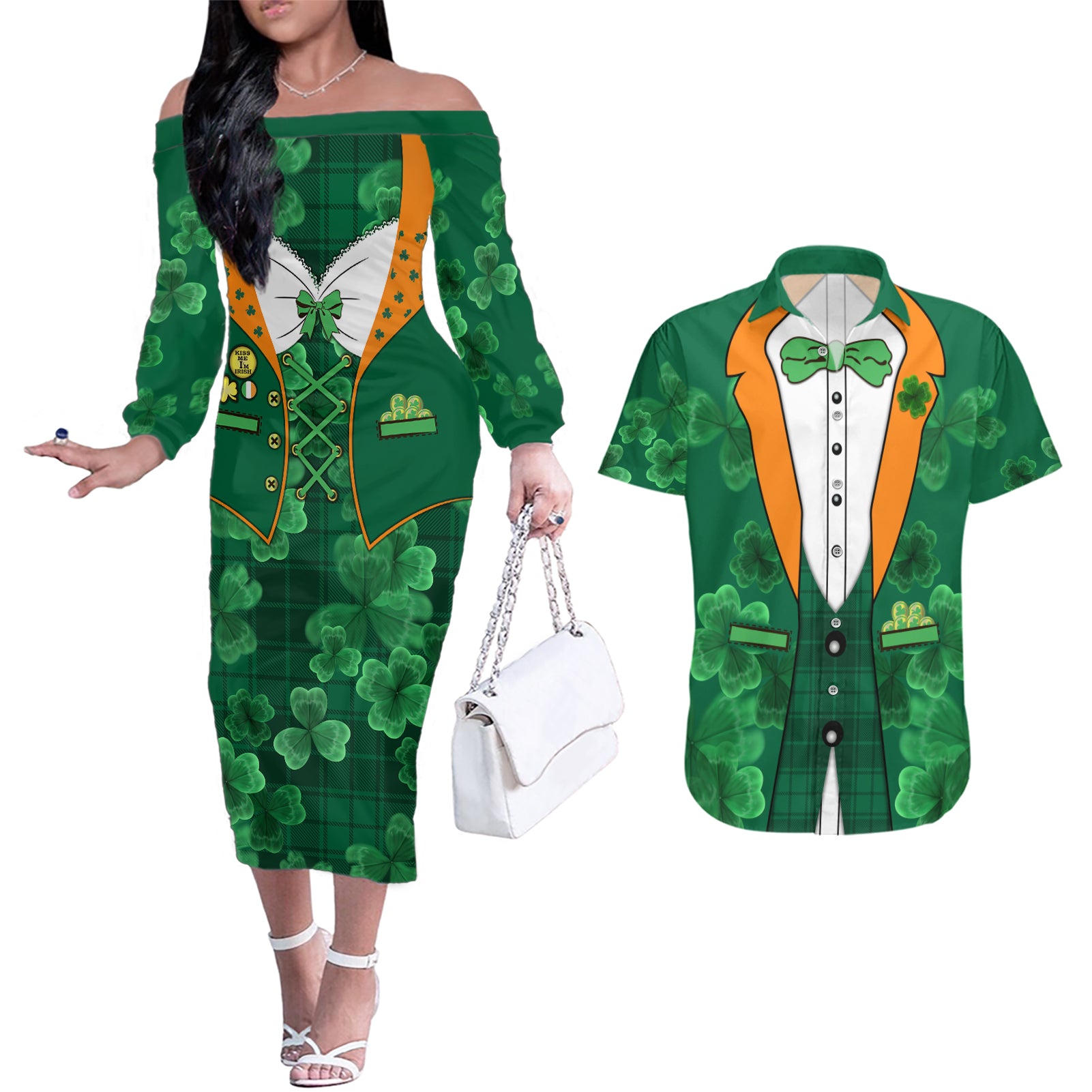 Happy St Patricks Day We Wear Green Suit Couples Matching Off The Shoulder Long Sleeve Dress and Hawaiian Shirt LT9 - Wonder Print Shop