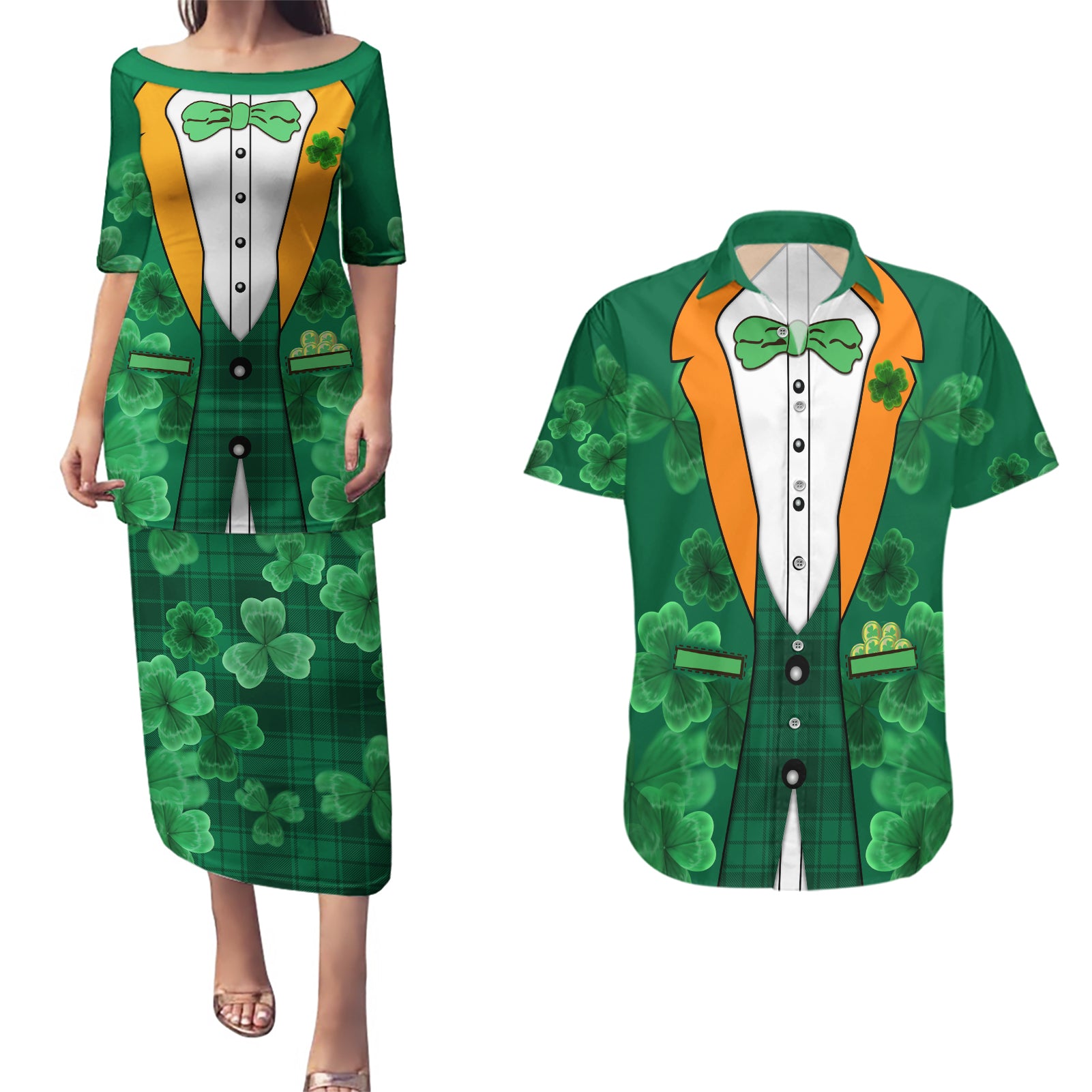 Happy St Patricks Day We Wear Green Suit Couples Matching Puletasi Dress and Hawaiian Shirt LT9 - Wonder Print Shop