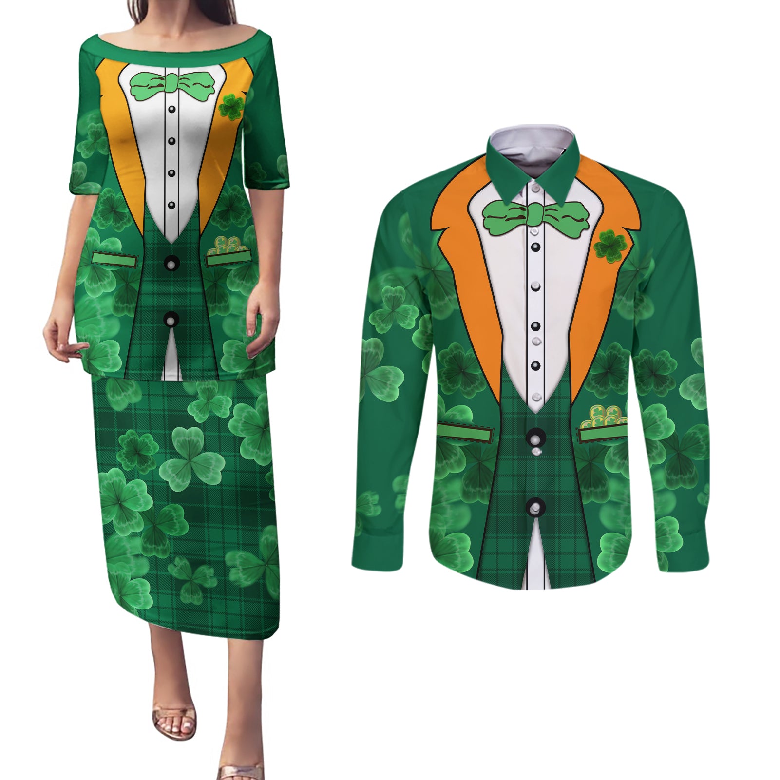 Happy St Patricks Day We Wear Green Suit Couples Matching Puletasi Dress and Long Sleeve Button Shirt LT9 - Wonder Print Shop