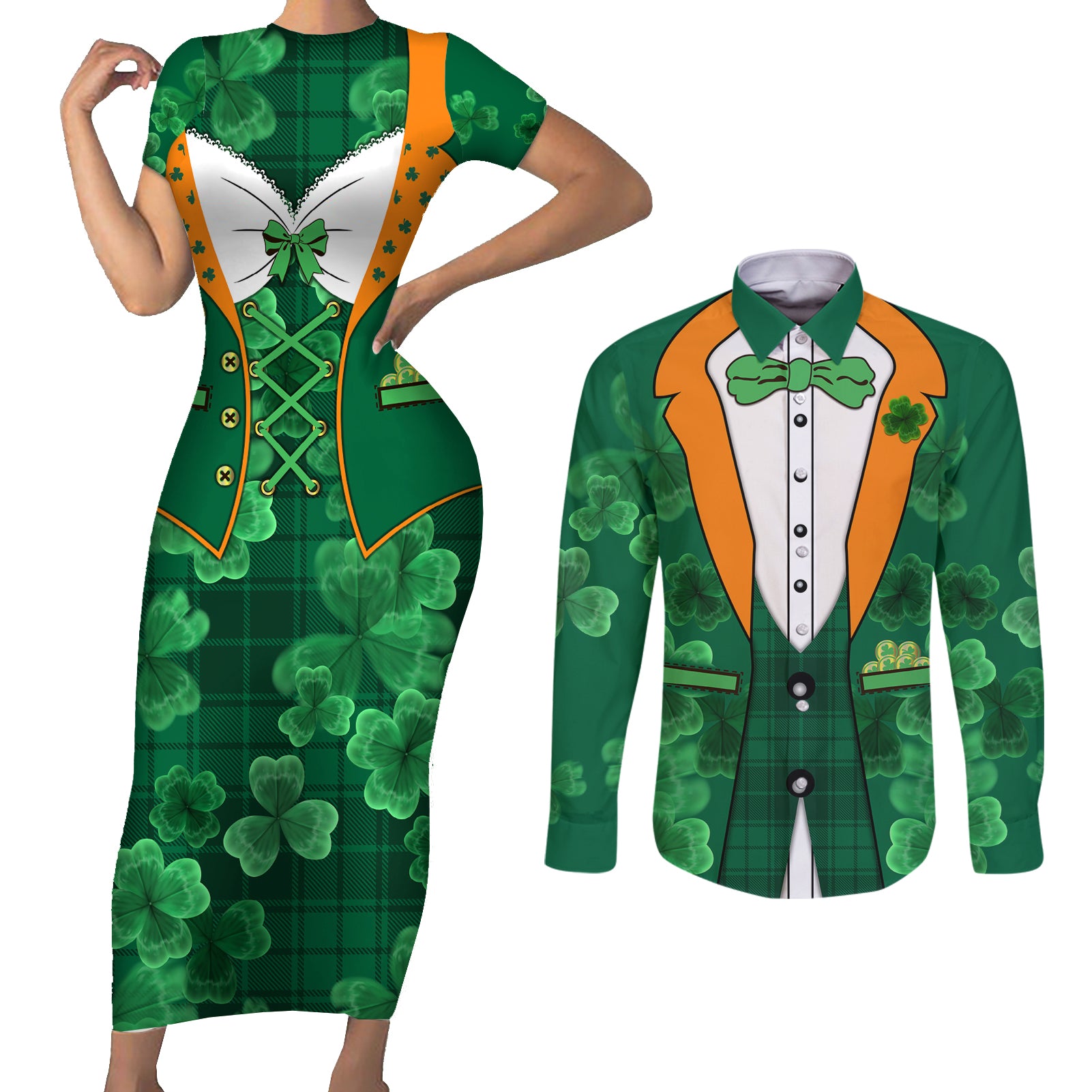 Happy St Patricks Day We Wear Green Suit Couples Matching Short Sleeve Bodycon Dress and Long Sleeve Button Shirt LT9 - Wonder Print Shop