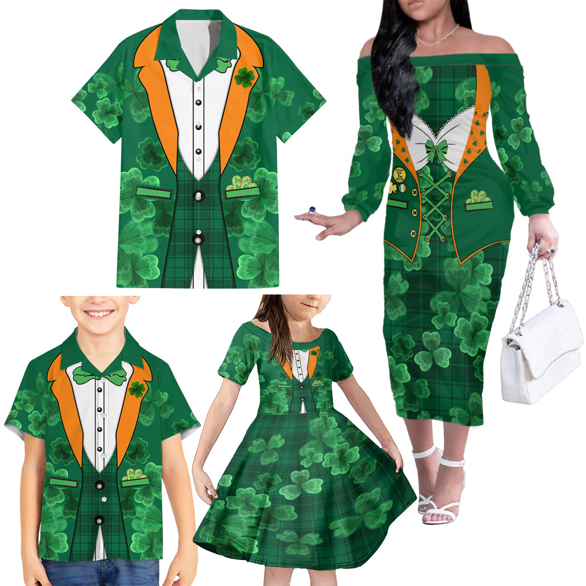 Happy St Patricks Day We Wear Green Suit Family Matching Off Shoulder Long Sleeve Dress and Hawaiian Shirt - Wonder Print Shop