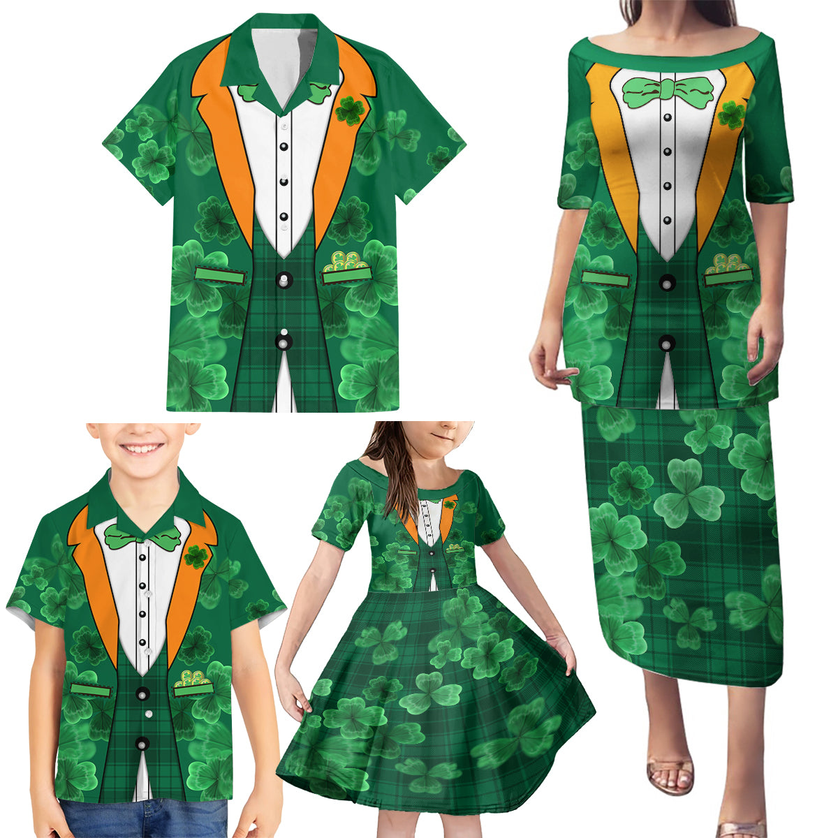 Happy St Patricks Day We Wear Green Suit Family Matching Puletasi Dress and Hawaiian Shirt - Wonder Print Shop