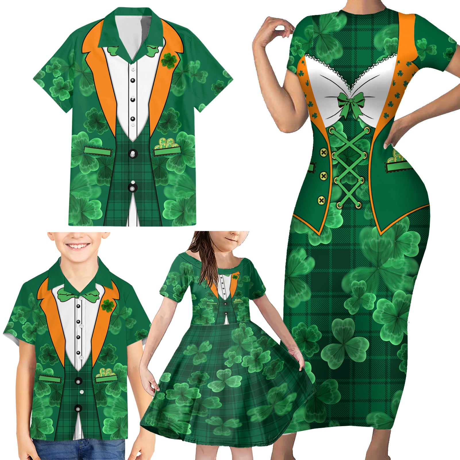 Happy St Patricks Day We Wear Green Suit Family Matching Short Sleeve Bodycon Dress and Hawaiian Shirt - Wonder Print Shop