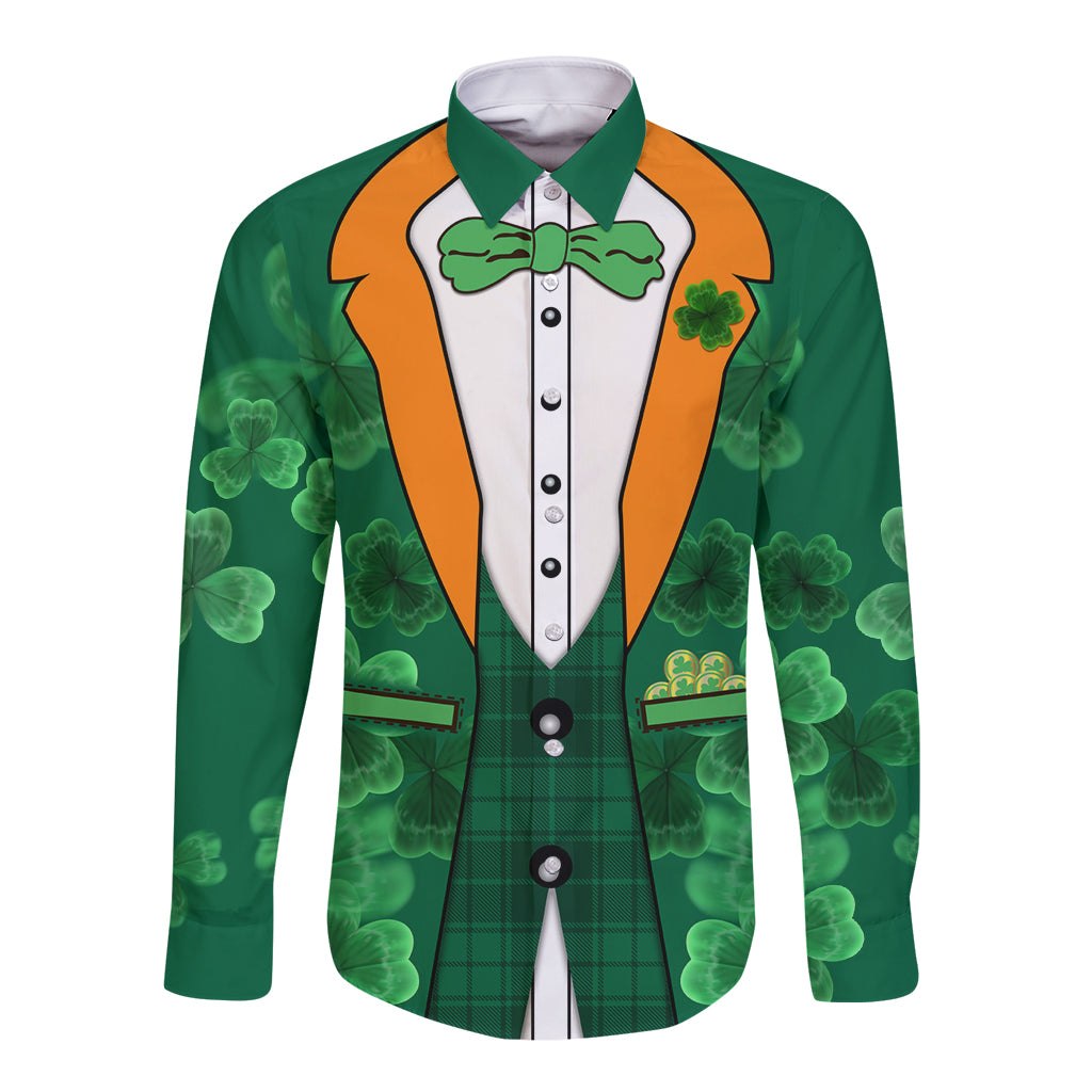 Green long-sleeve button shirt with orange tuxedo lapels, bow tie, shamrock print