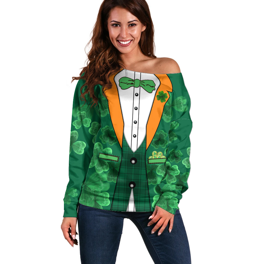 Happy St Patricks Day We Wear Green Suit Off Shoulder Sweater - Wonder Print Shop