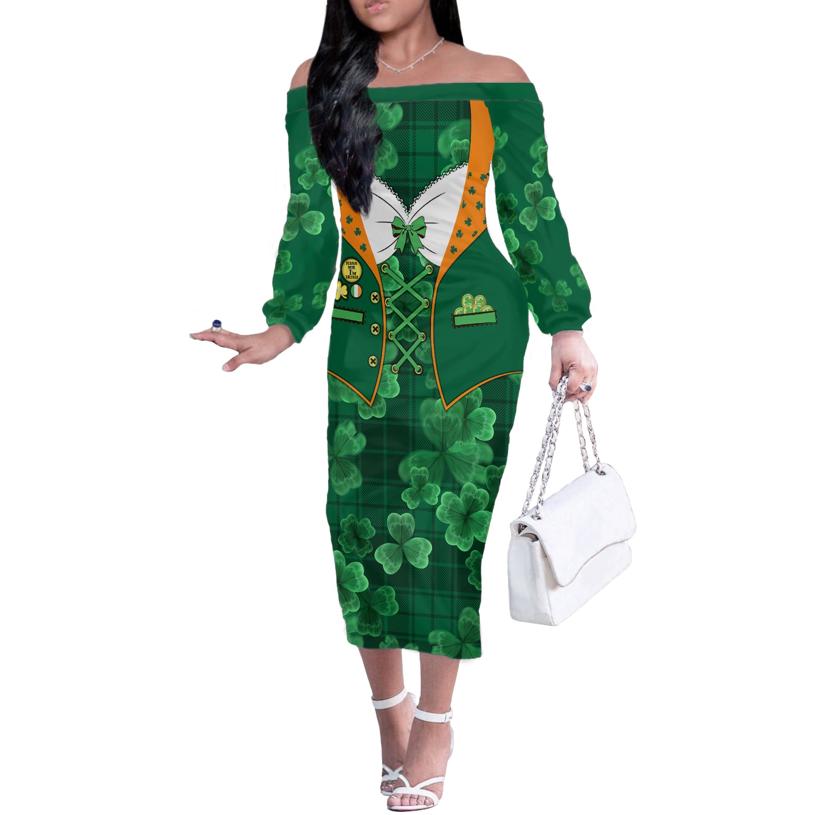 Happy St Patricks Day We Wear Green Suit Off The Shoulder Long Sleeve Dress - Wonder Print Shop