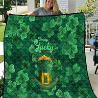 Green clover quilt with 'Feeling Lucky' and gold pot graphic