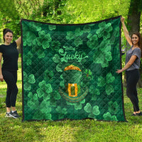 Large green clover quilt featuring 'Feeling Lucky' and gold pot design