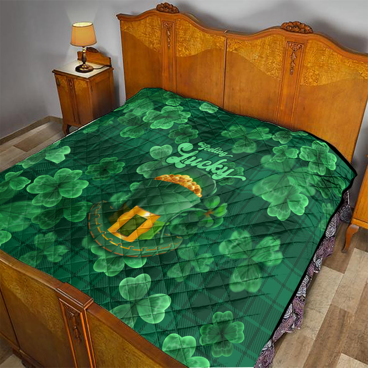 Green patterned quilt with clovers and 'Feeling Lucky' pot emblem