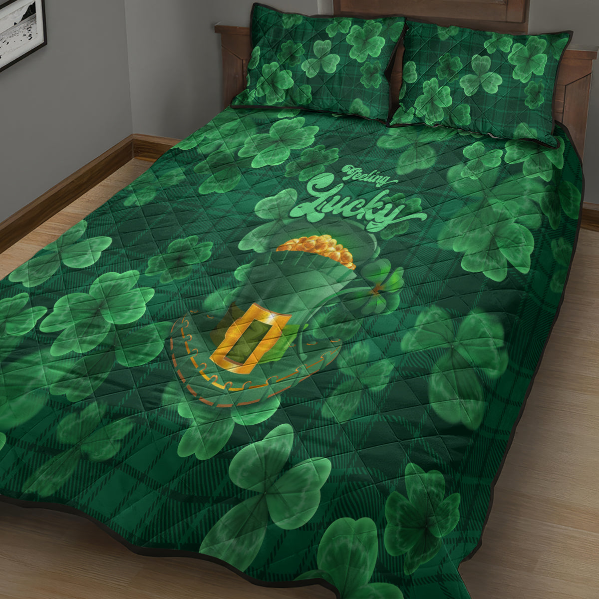 Green clover quilt bed set with two pillow shams, 'Lucky' text and horseshoe icon