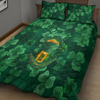 Green clover quilt bed set with two pillow shams, 'Lucky' text and horseshoe icon
