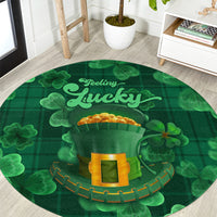 Round green St. Patrick's Day carpet with “Feeling Lucky” text, clovers, and gold pot graphic.