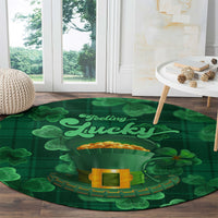 Round green St. Patrick's Day carpet with “Feeling Lucky” text, clover leaves, and gold pot motif.