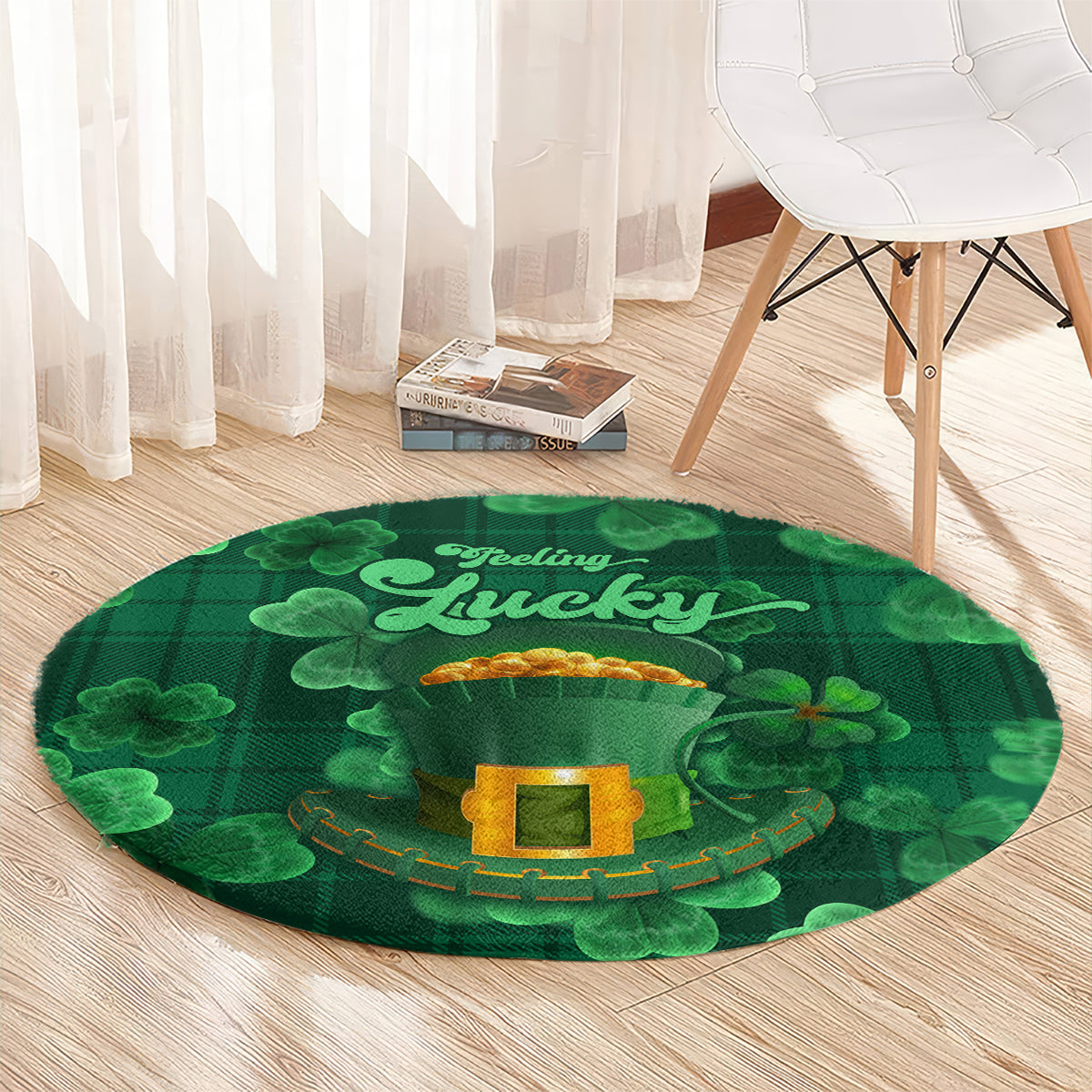 Round green St. Patrick's Day carpet showing “Feeling Lucky” lettering with clovers and gold pot art.