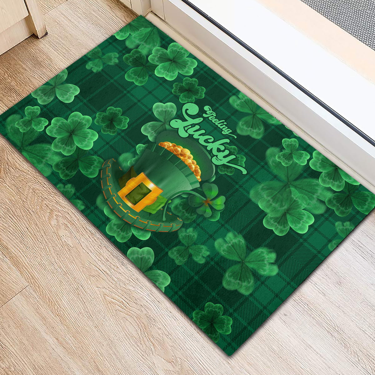 Green rubber doormat with 'Lucky' text and leprechaun hat graphic