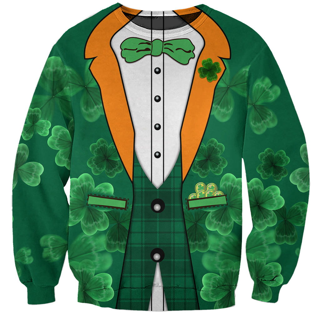 Green unisex sweatshirt with shamrock suit print and bow tie graphic
