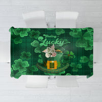 Green tablecloth with clover shamrock pattern and 'Feeling Lucky' graphic