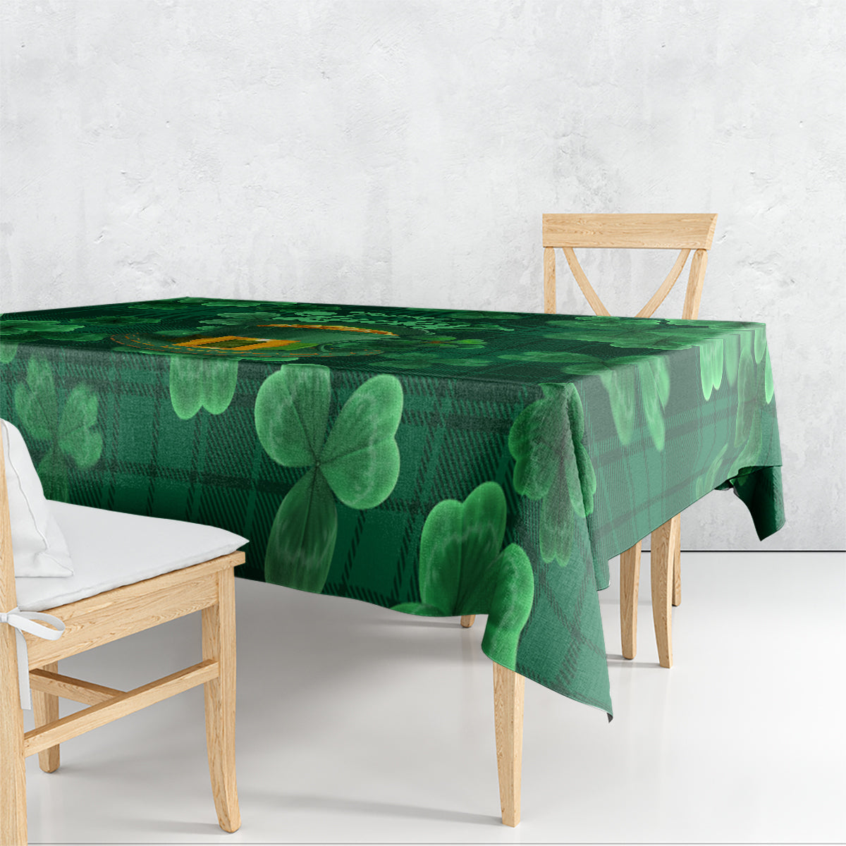 Green clover and plaid tablecloth with scalloped edge drape