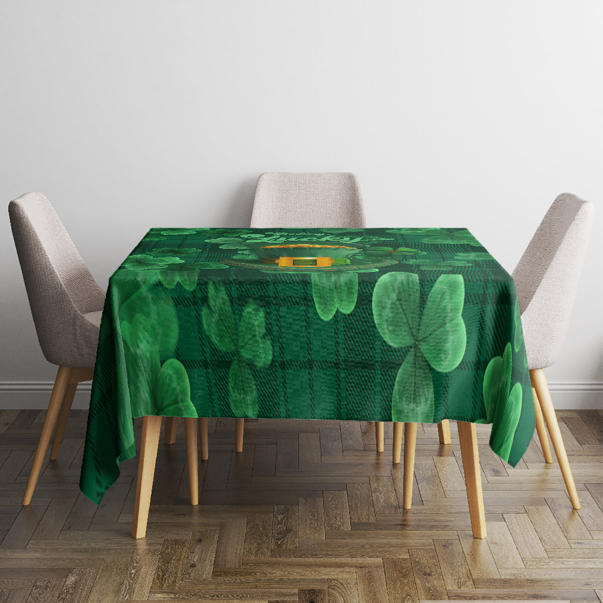 Green plaid tablecloth with large clover shamrock print on tabletop