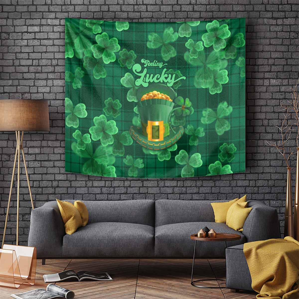 Green St. Patrick's tapestry wall hanging with clover pattern and lucky leprechaun pot