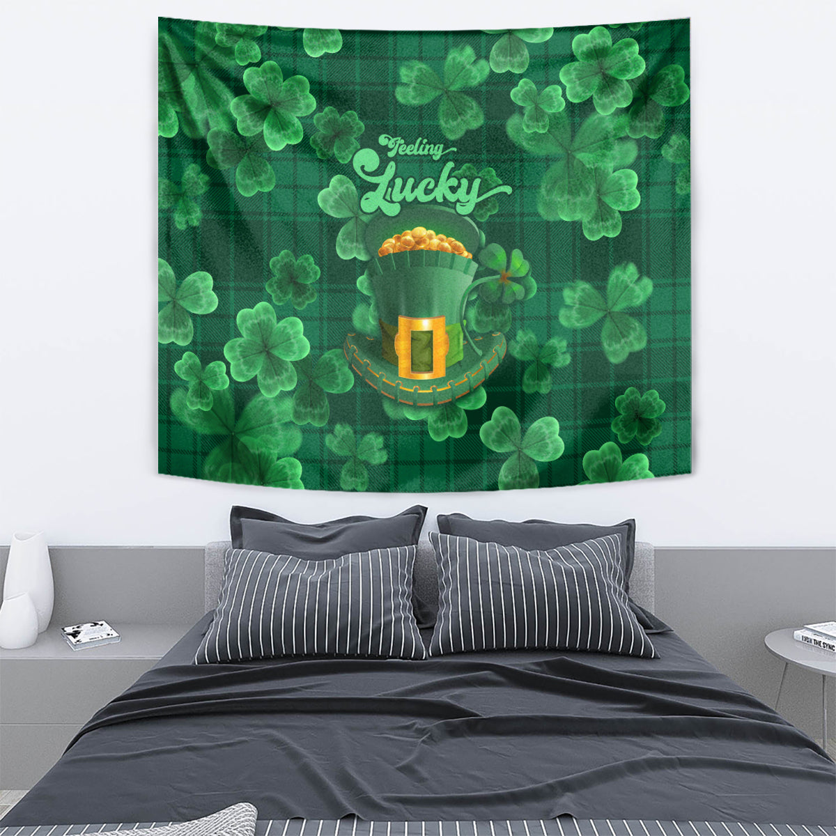 Green clover tapestry wall hanging with “Lucky” text and leprechaun hat icon