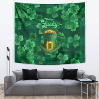 Green clover tapestry wall hanging with “Feeling Lucky” and gold pot illustration