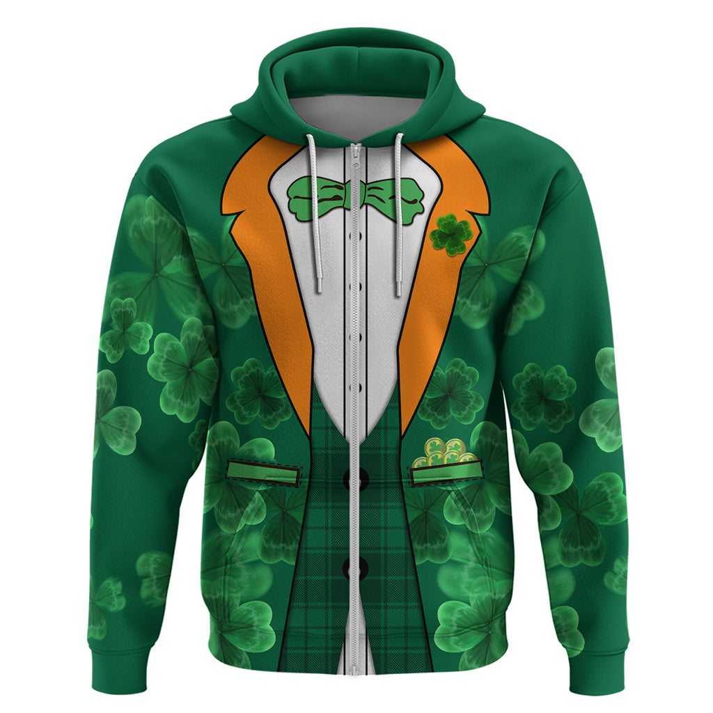 Green zip hoodie with suit graphic, bow tie and clover pattern