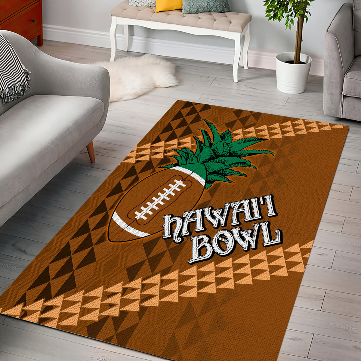 Brown area rug with football icon, green leaves, and 'HAWAI'I BOWL' tribal design