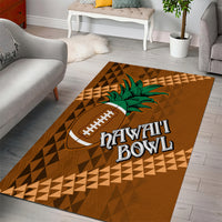Brown area rug with football icon, green leaves, and 'HAWAI'I BOWL' tribal design