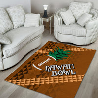 Brown area rug with 'HAWAI'I BOWL' lettering, football icon, and green leaves