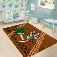 Brown area rug with geometric triangles, football icon, and green palm-leaf graphics