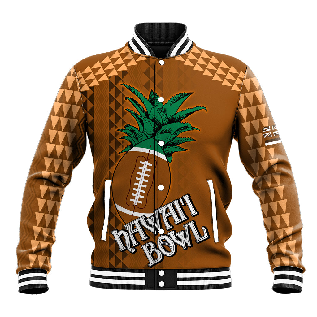 Brown varsity baseball jacket with geometric sleeves, palm tree and football applique