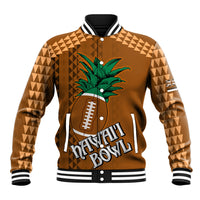 Brown varsity baseball jacket with geometric sleeves, palm tree and football applique
