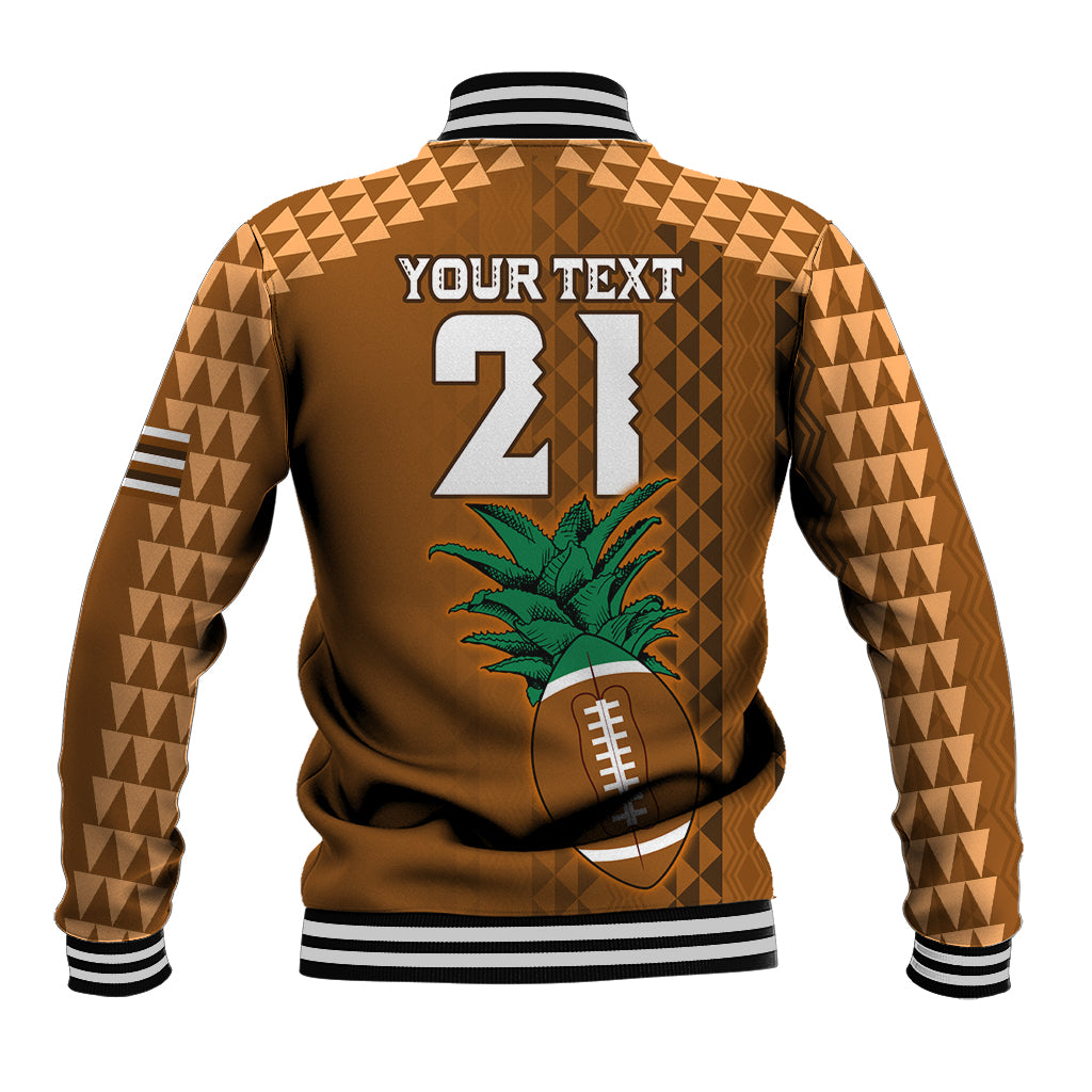 Brown back varsity jacket with geometric pattern, palm tree, football graphic and YOURTEXT