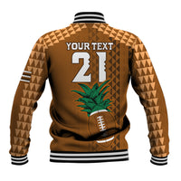 Brown back varsity jacket with geometric pattern, palm tree, football graphic and YOURTEXT
