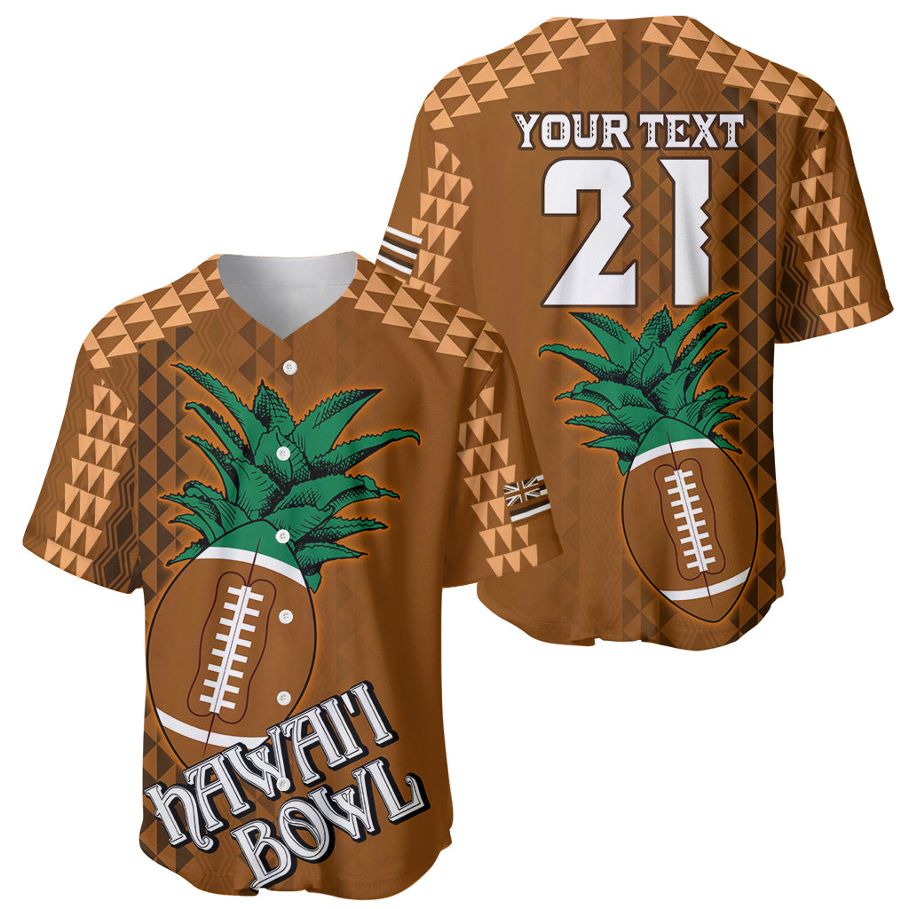 Brown baseball jersey showing front 'HA'AI BOWL' and back 'YOUR TEXT 21' with green bird
