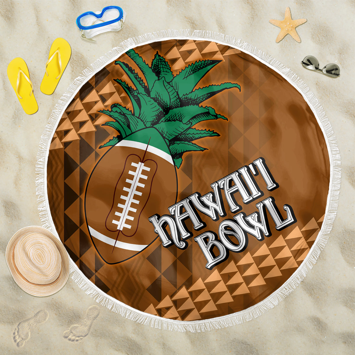 Round brown beach blanket with white fringe, green tropical pattern and football graphic