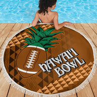 Round brown beach blanket with white fringe, green palm and football Hawaii graphic