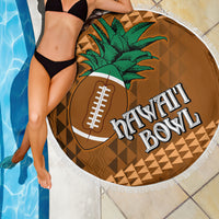 Round brown beach blanket with white fringe, green palm design and football Hawaii print