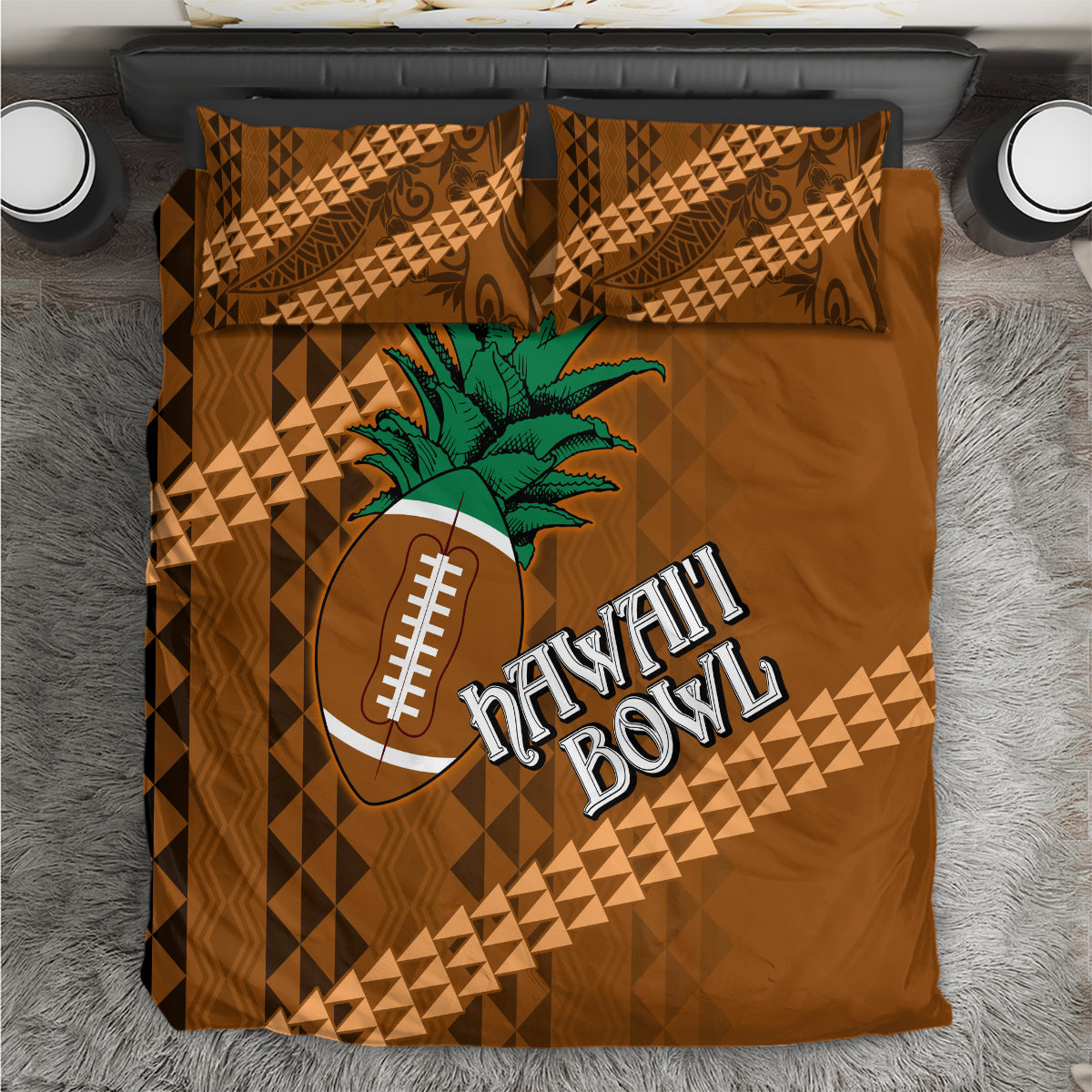 Brown bedding set with tribal geometric print, palm and football Hawaii Bowl logo