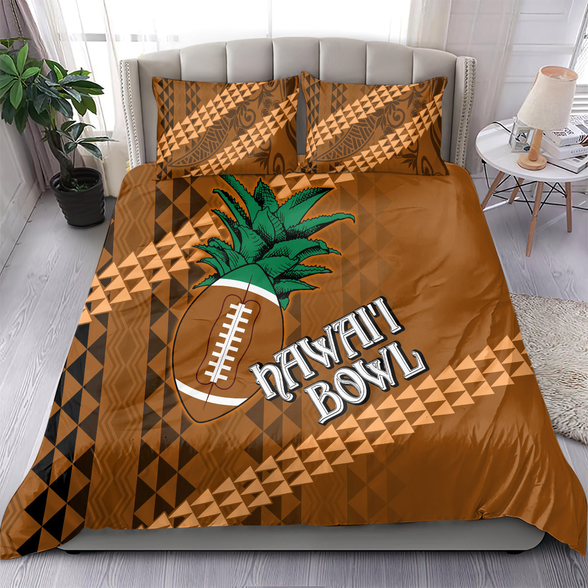 Brown bedding set with tribal geometric print, palm and football Hawaii Bowl logo, 2 pillows