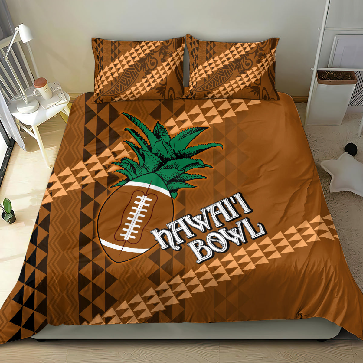 Brown bedding set with tribal geometric print, palm and football Hawaii Bowl logo