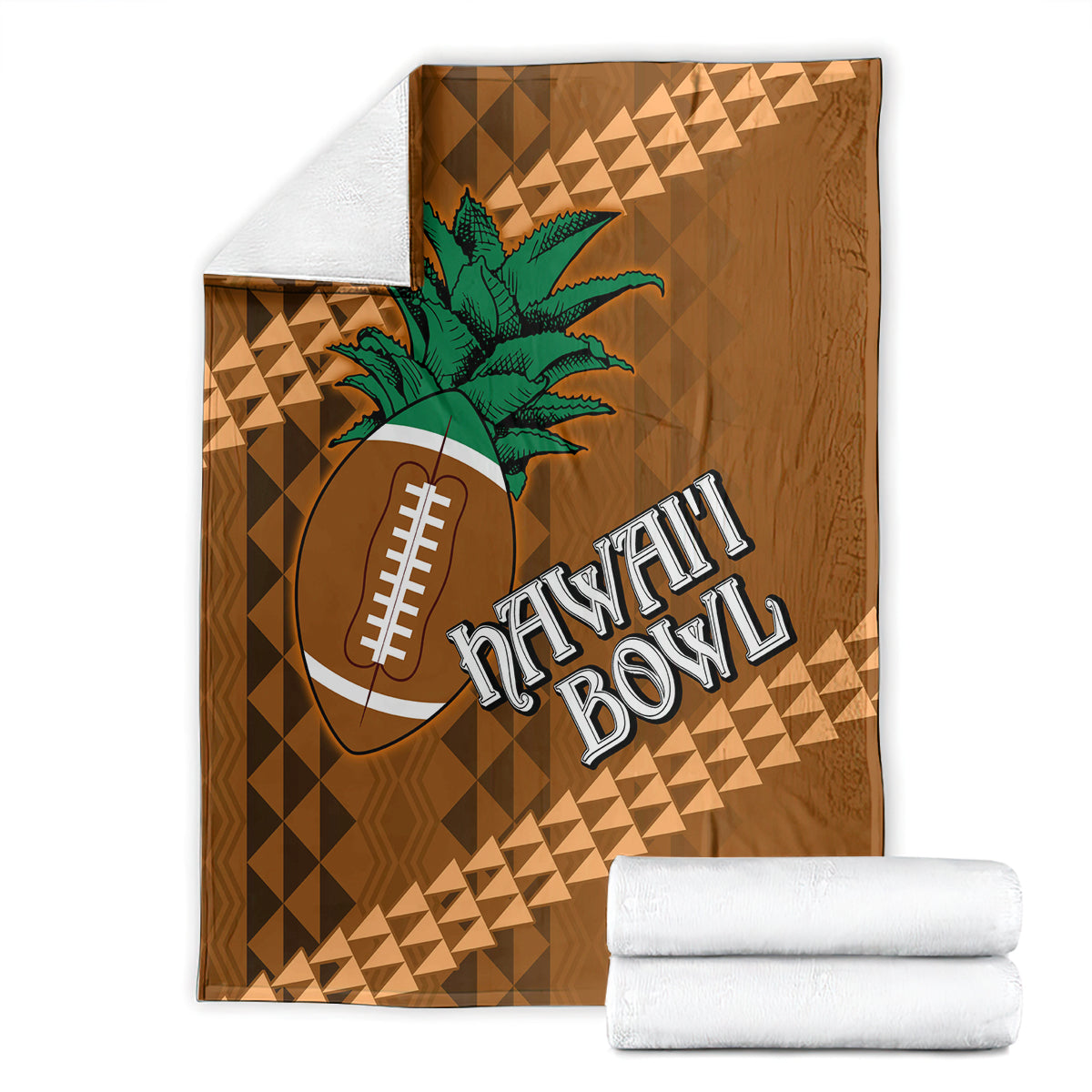 Brown bowl blanket with green palm tree, football icon, and Hawaii Bowl text; folded