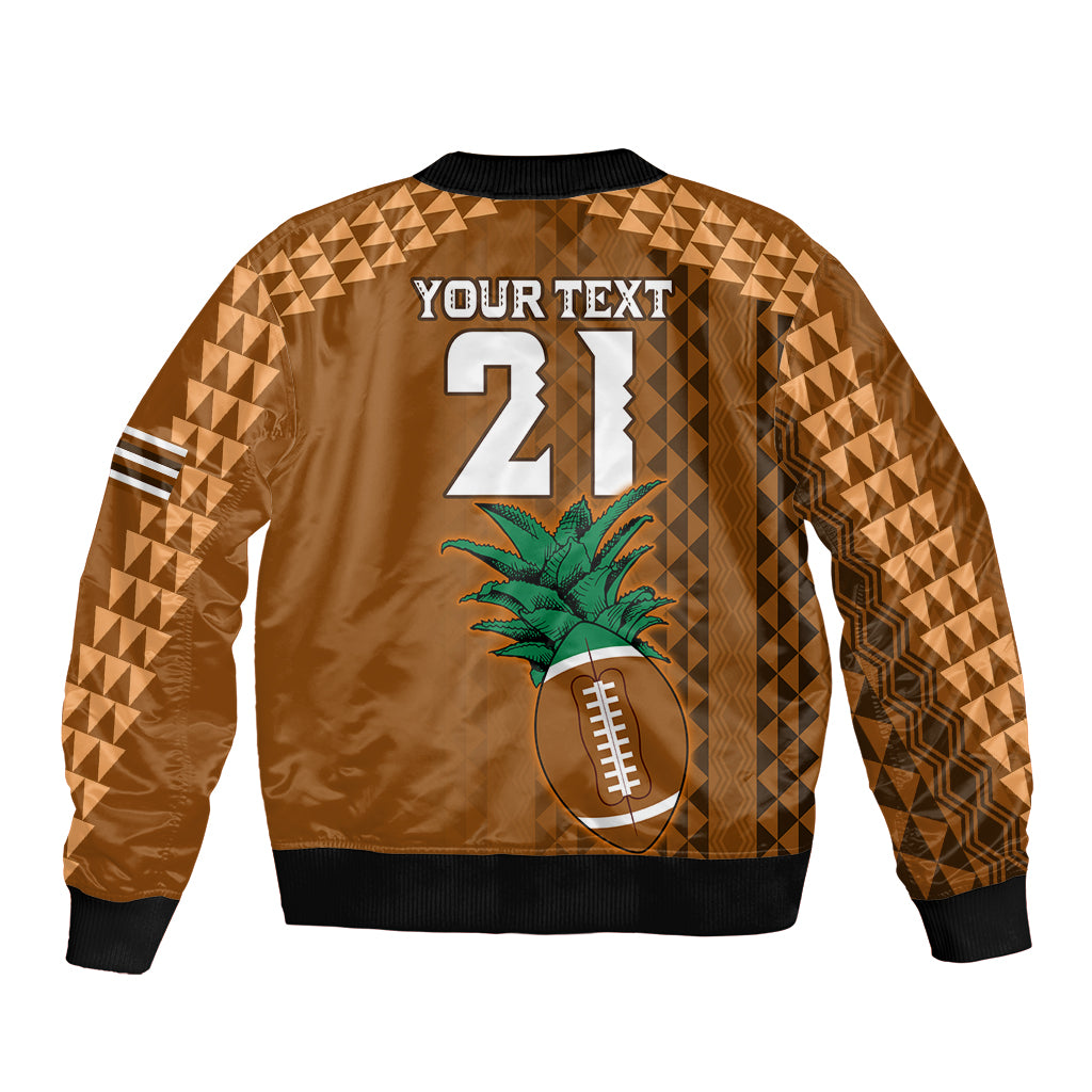 Brown bomber jacket with tribal print, palm tree, football, and large number 21 graphic