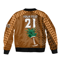 Brown bomber jacket with tribal print, palm tree, football, and large number 21 graphic