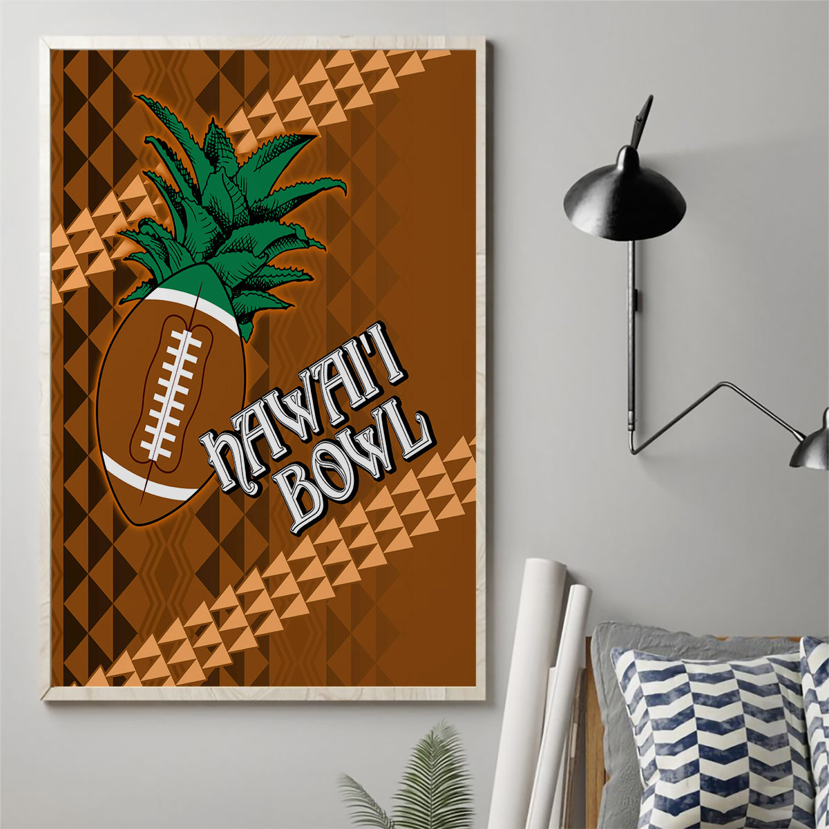 Brown canvas wall art with green pineapple football and diagonal tribal geometric pattern