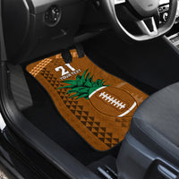 Brown car floor mat with tribal geometric pattern, palm leaves, football graphic, and custom text
