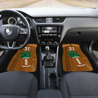 Pair of brown car floor mats with tribal motif, palm trees, football icons, and custom text